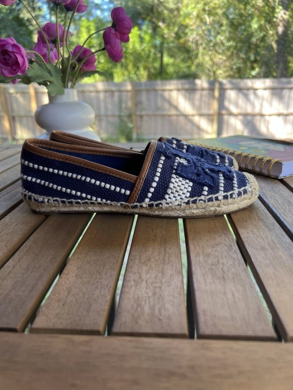 Tory Burch Shaw Logo Canvas Espadrilles Navy White Women’s US 6 - Picture 8 of 11